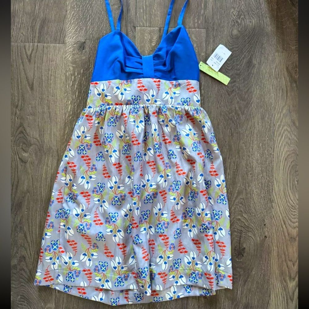 NEW Johnny Martin Boutique Dress Blue Red Gray Tie Sleeveless Knee Length M 7‎